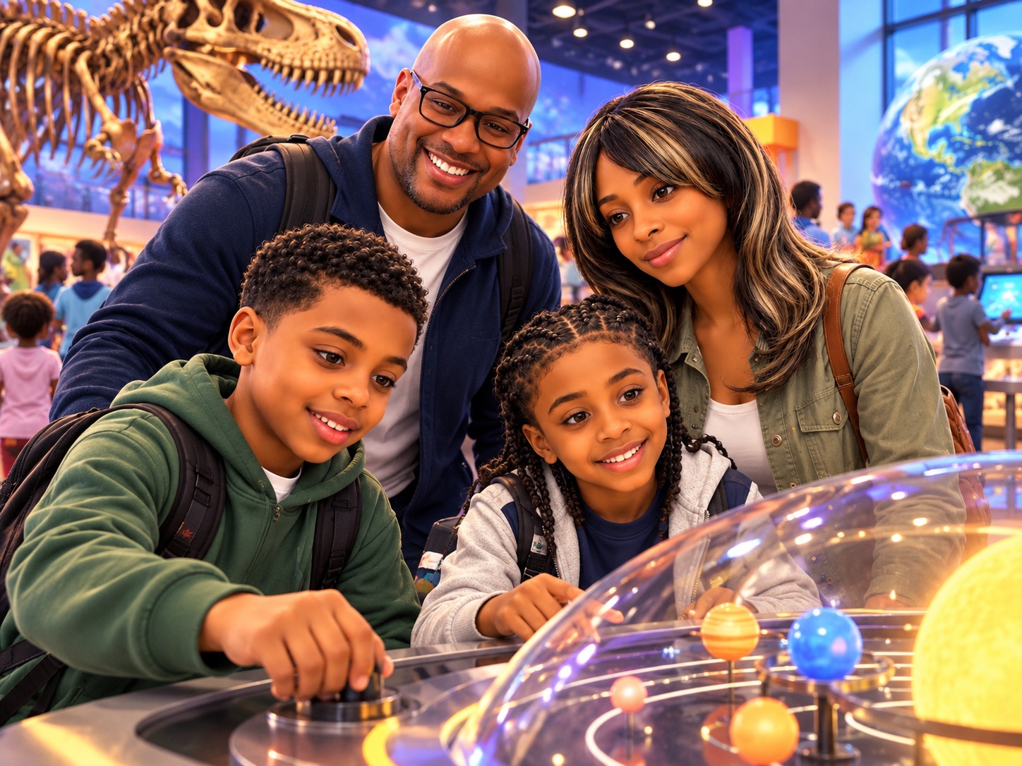 A diverse New York family exploring a science museum together