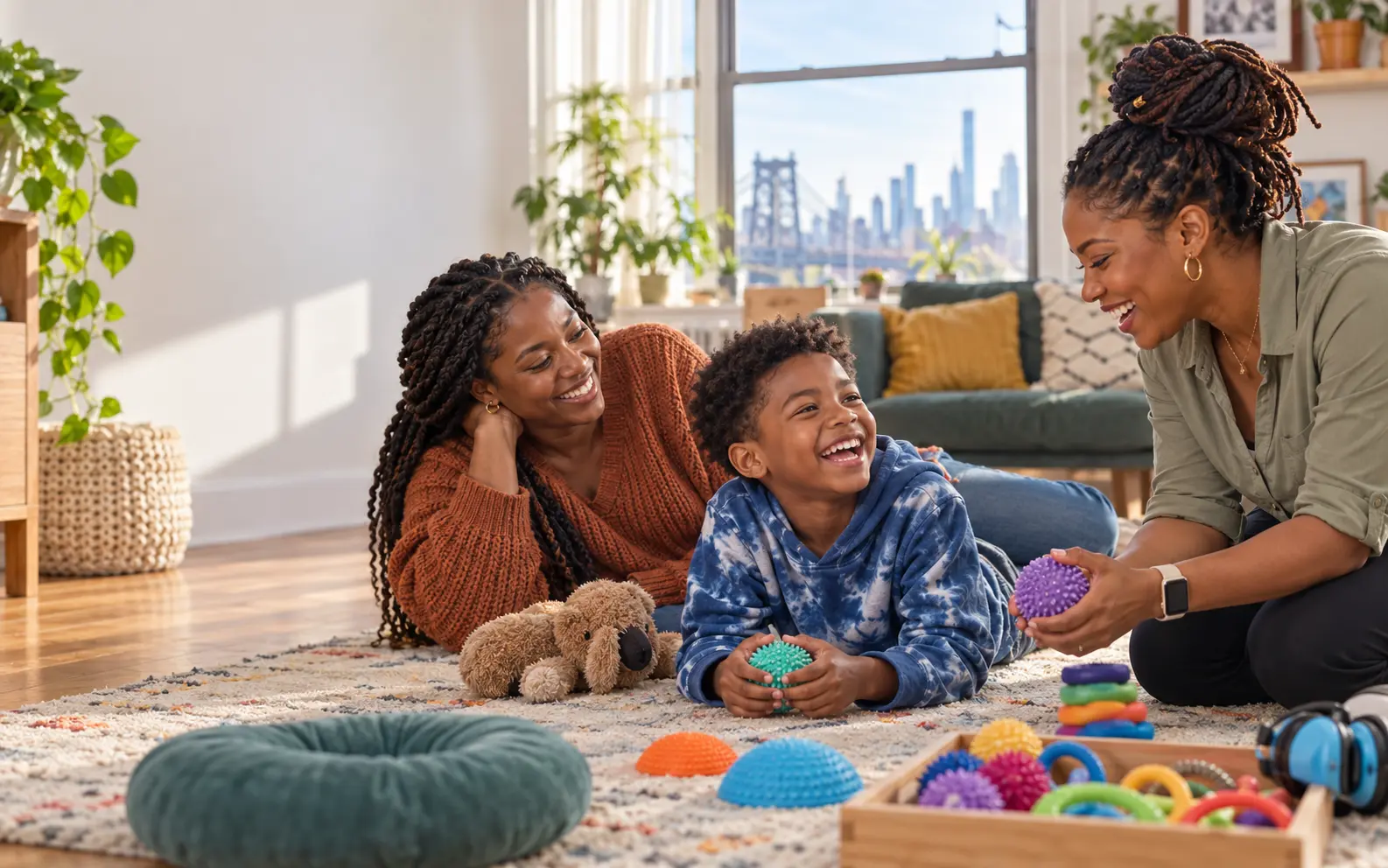 A family joining a therapist for a supportive sensory activity