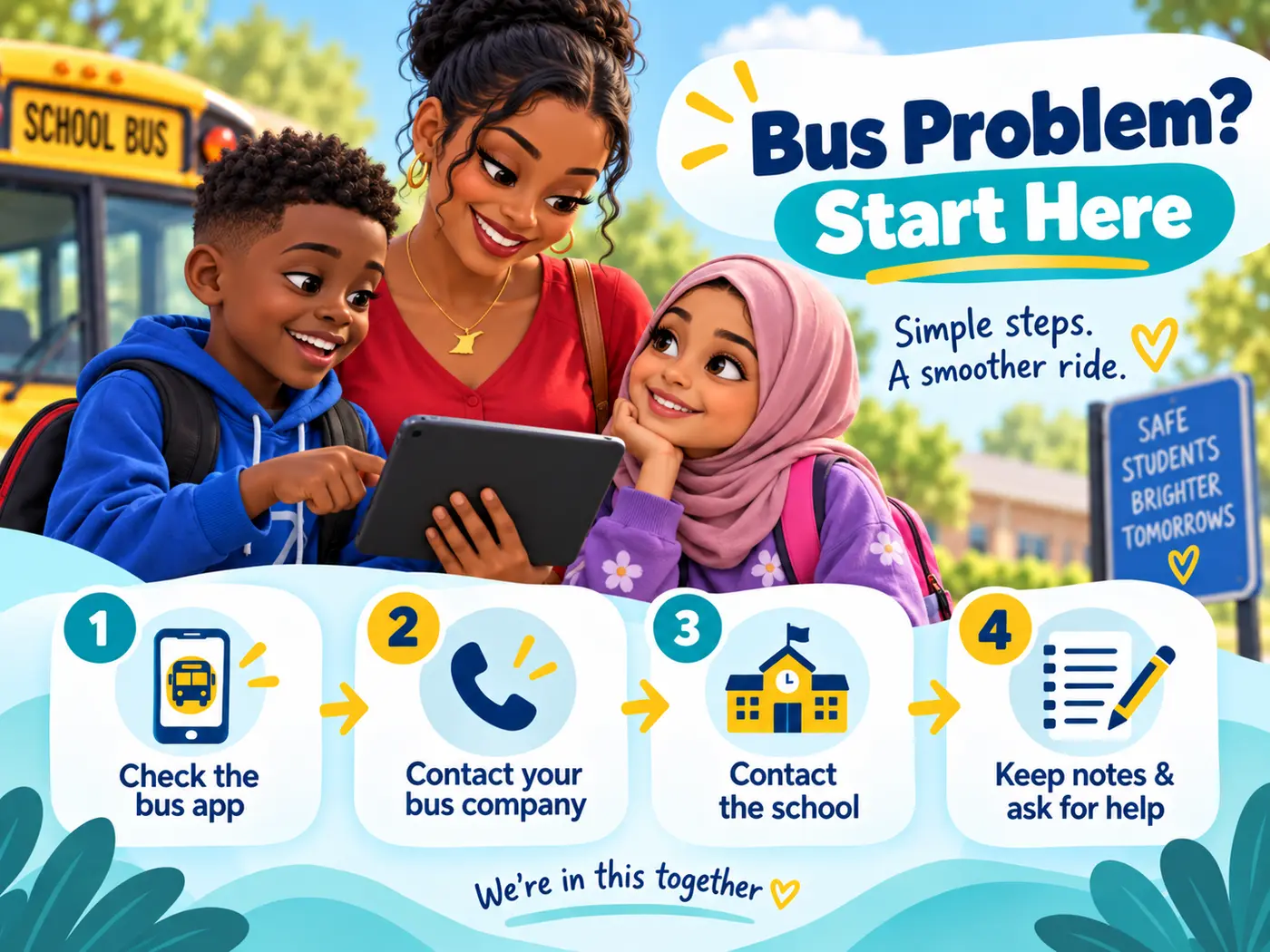 Bus Problem Start Here guide with four steps for families