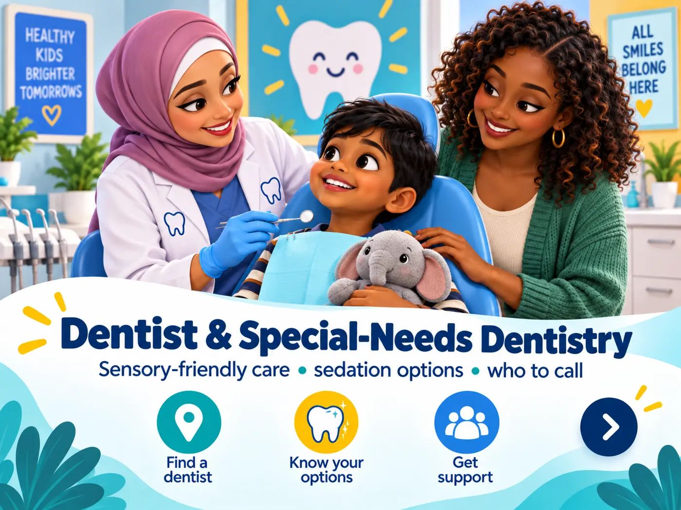 A pediatric dentist calmly supporting a child during a sensory-aware visit