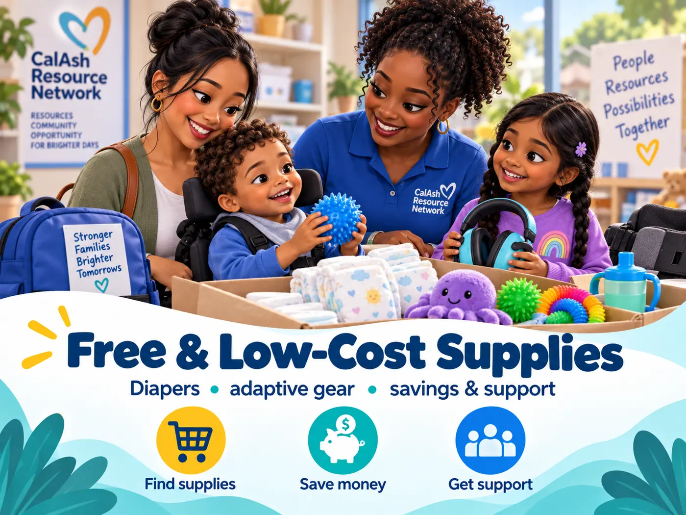 Free and Low-Cost Supplies guide showing diapers, adaptive gear and family support