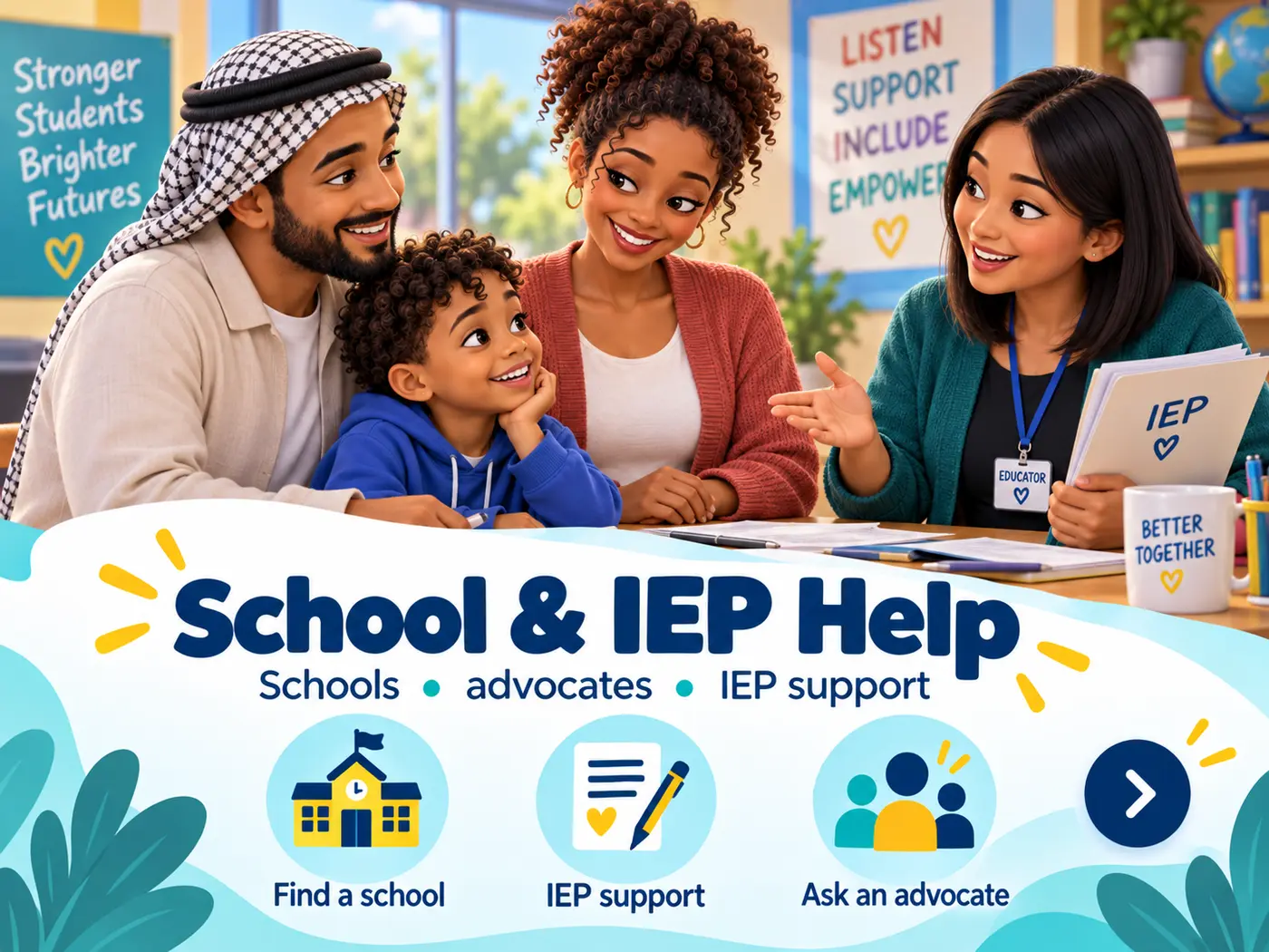 A family using a step-by-step guide to ask for help and resolve a problem