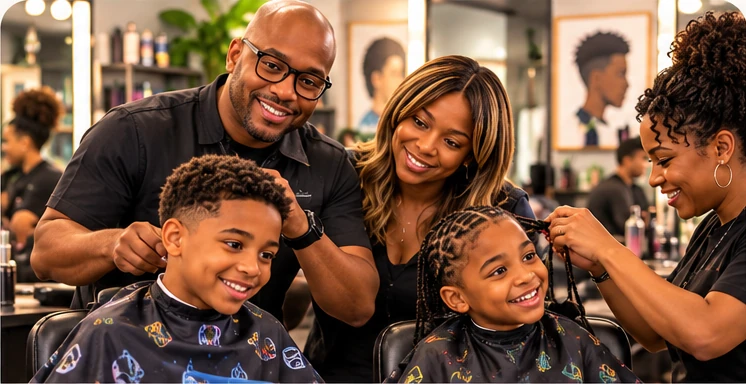 Two children receiving a haircut and braids in a welcoming salon