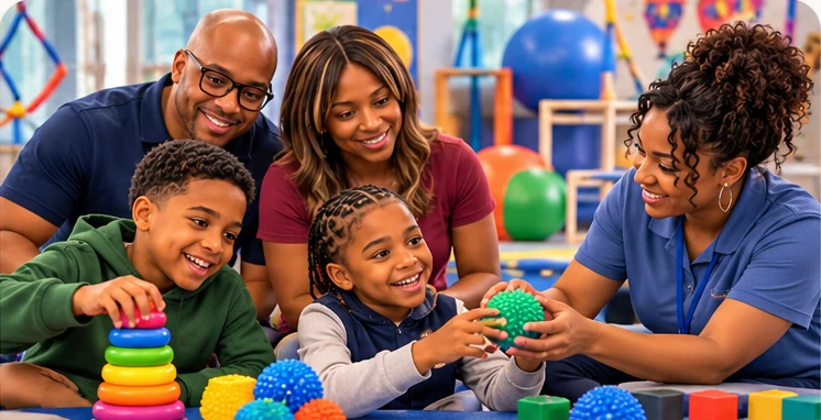 A child learning through play with a therapist