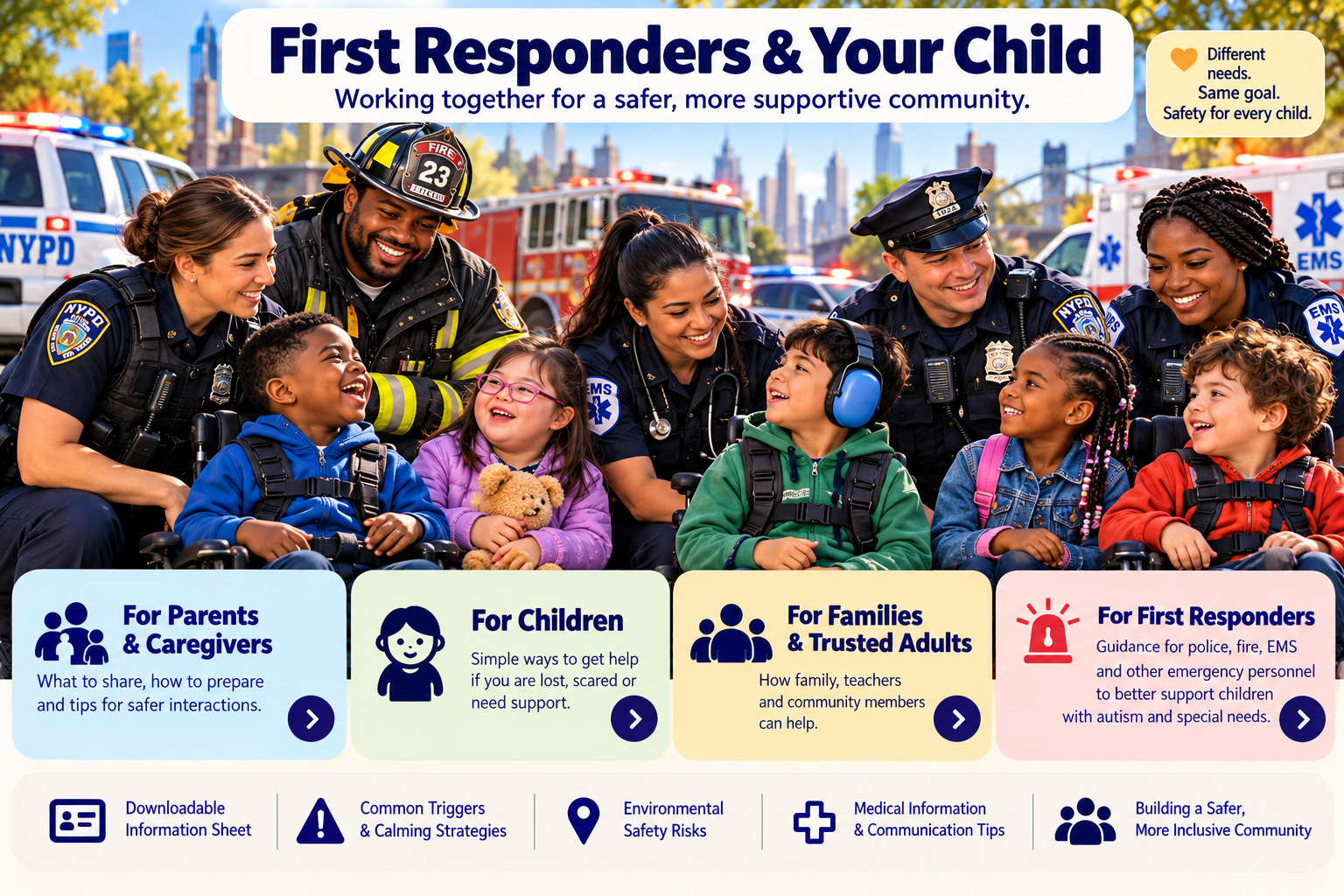 Diverse children with police, fire and emergency medical responders in the approved First Responders graphic