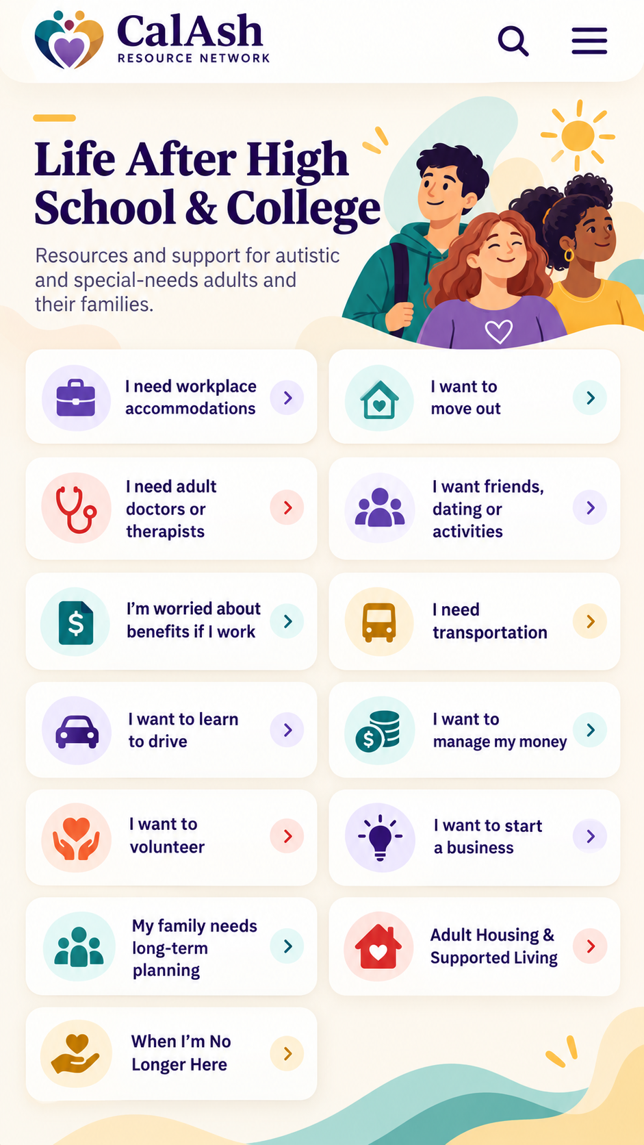 Diverse adults in the approved CalAsh Life After High School and College illustration