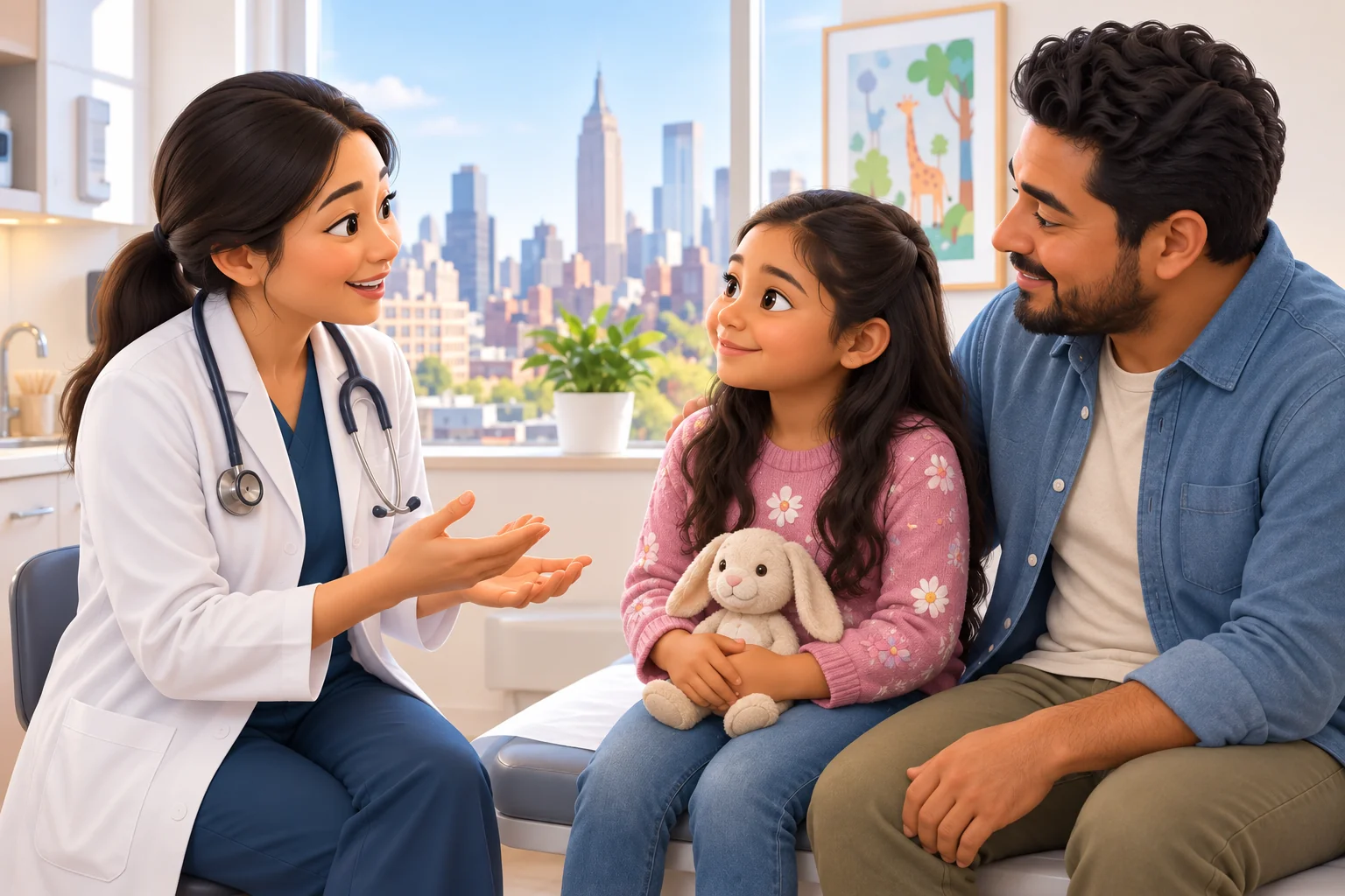 A pediatric specialist speaking with a parent and child about an evaluation