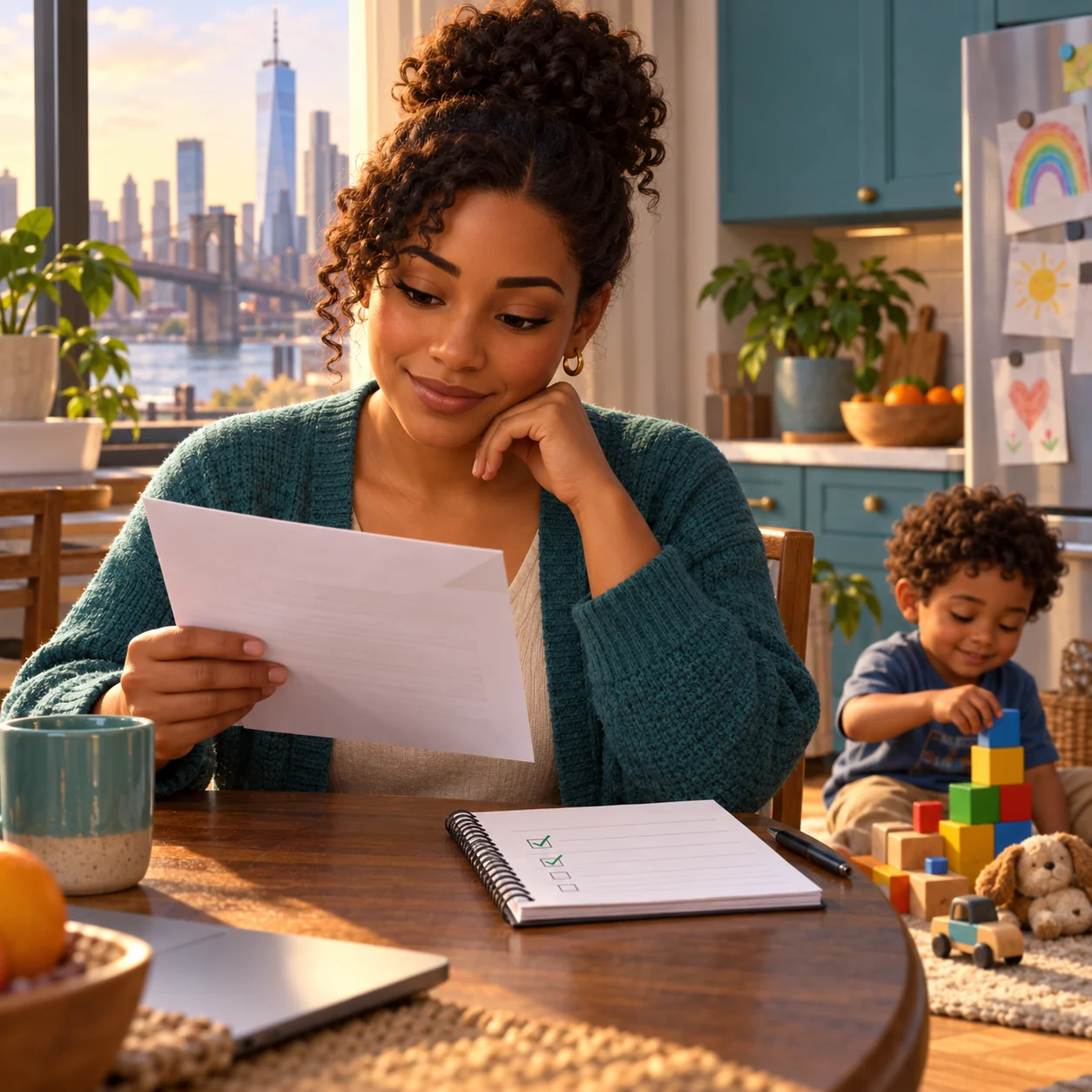 Parents receiving help with benefits paperwork at a family resource center
