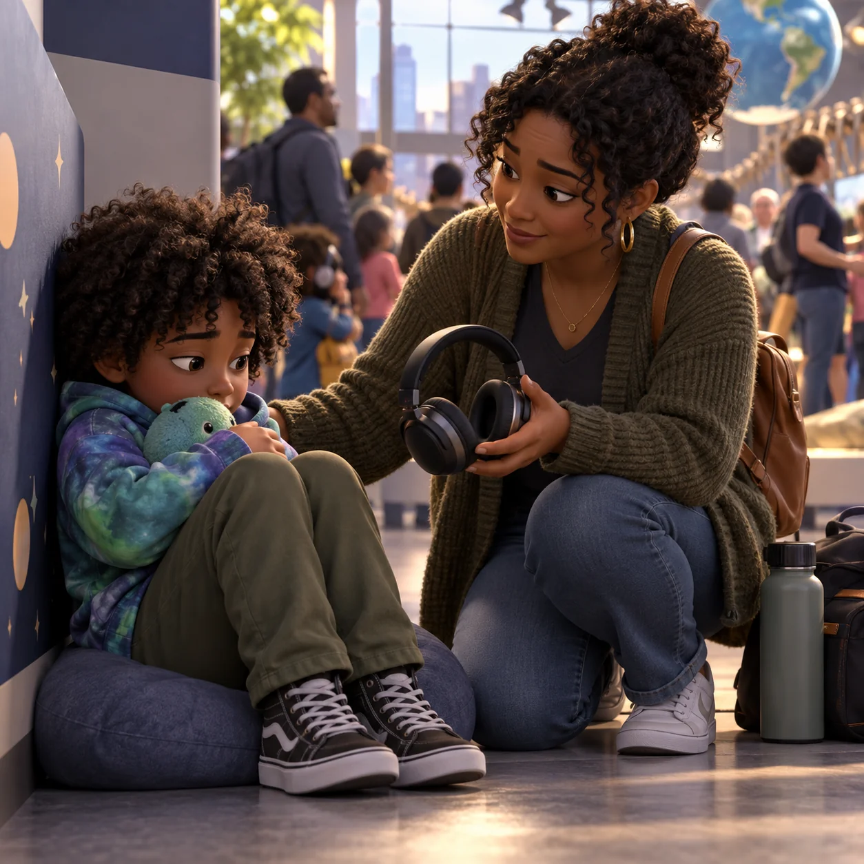 A parent and child receiving calm support at home