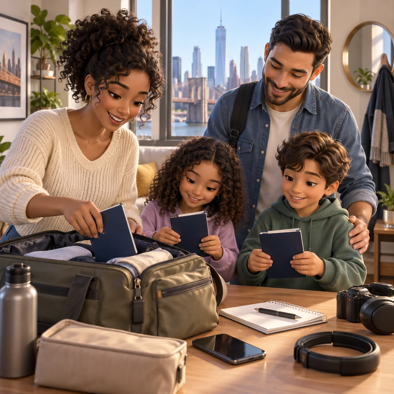 Family preparing for travel and passport photos