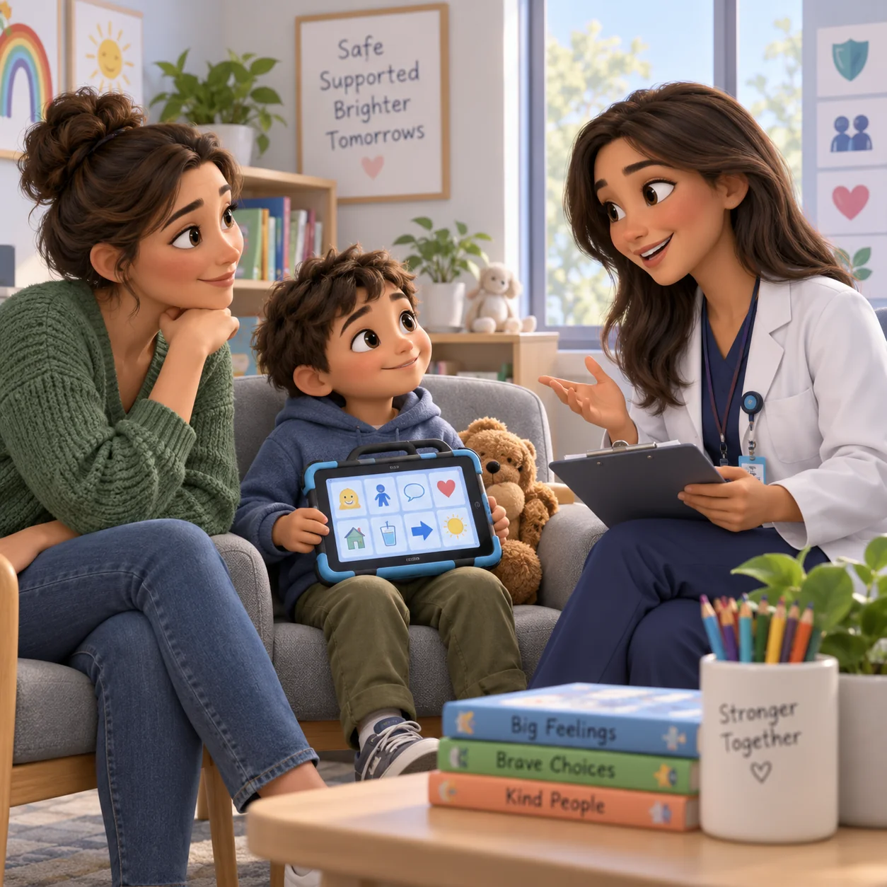 A clinician speaking with a parent and child
