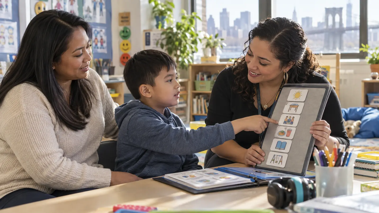 A parent, child and educator work together using a picture communication board