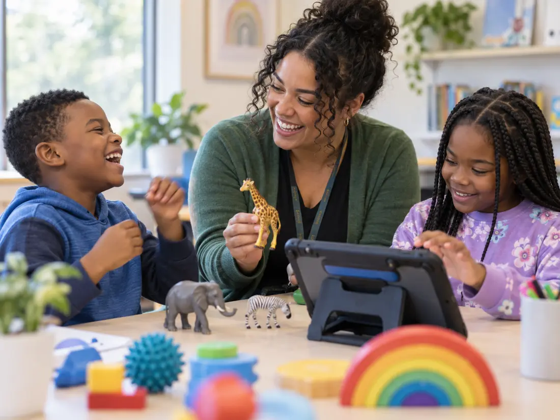 A child learning communication skills through play with a therapist